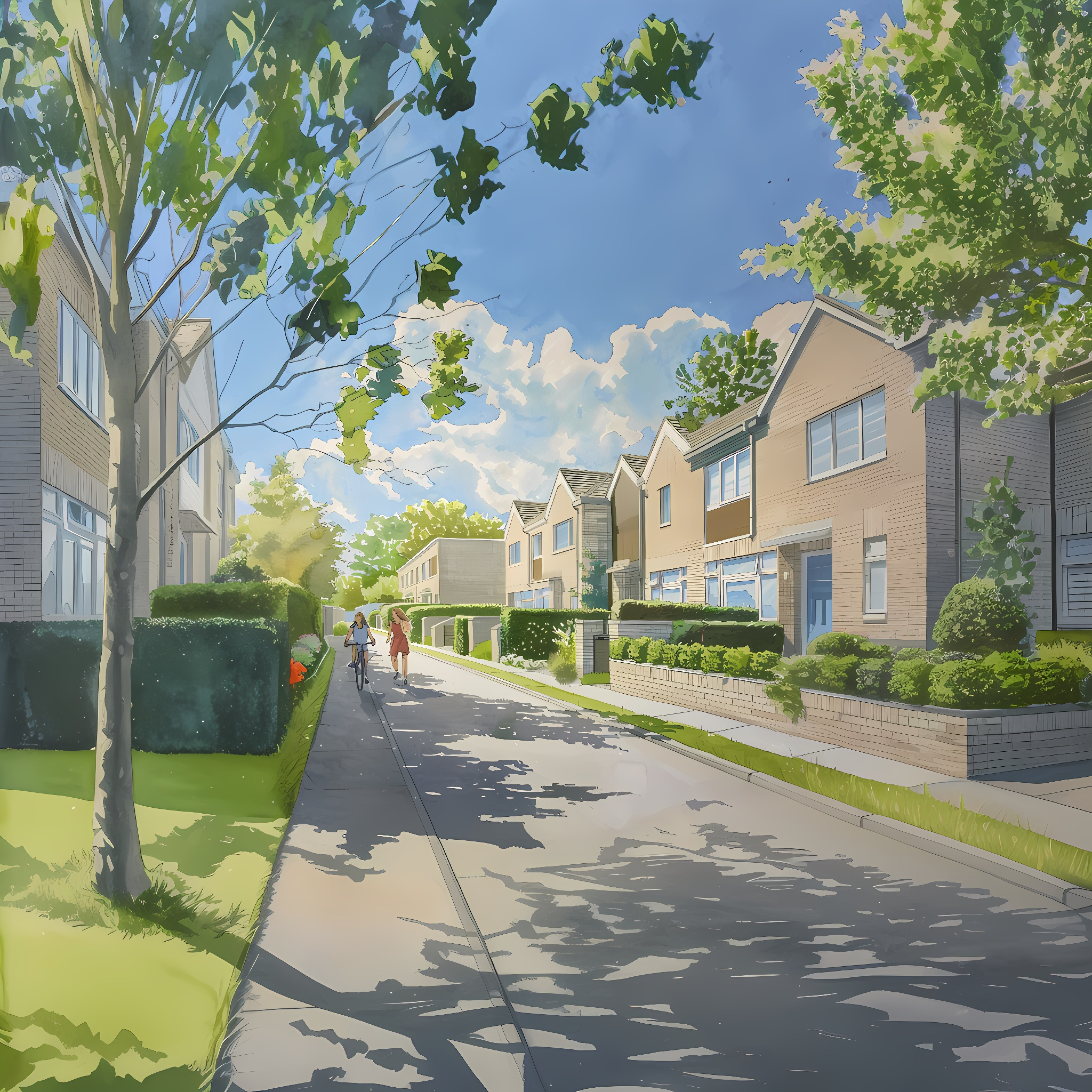 An illustration of a well-developed residential street with trees and people walking