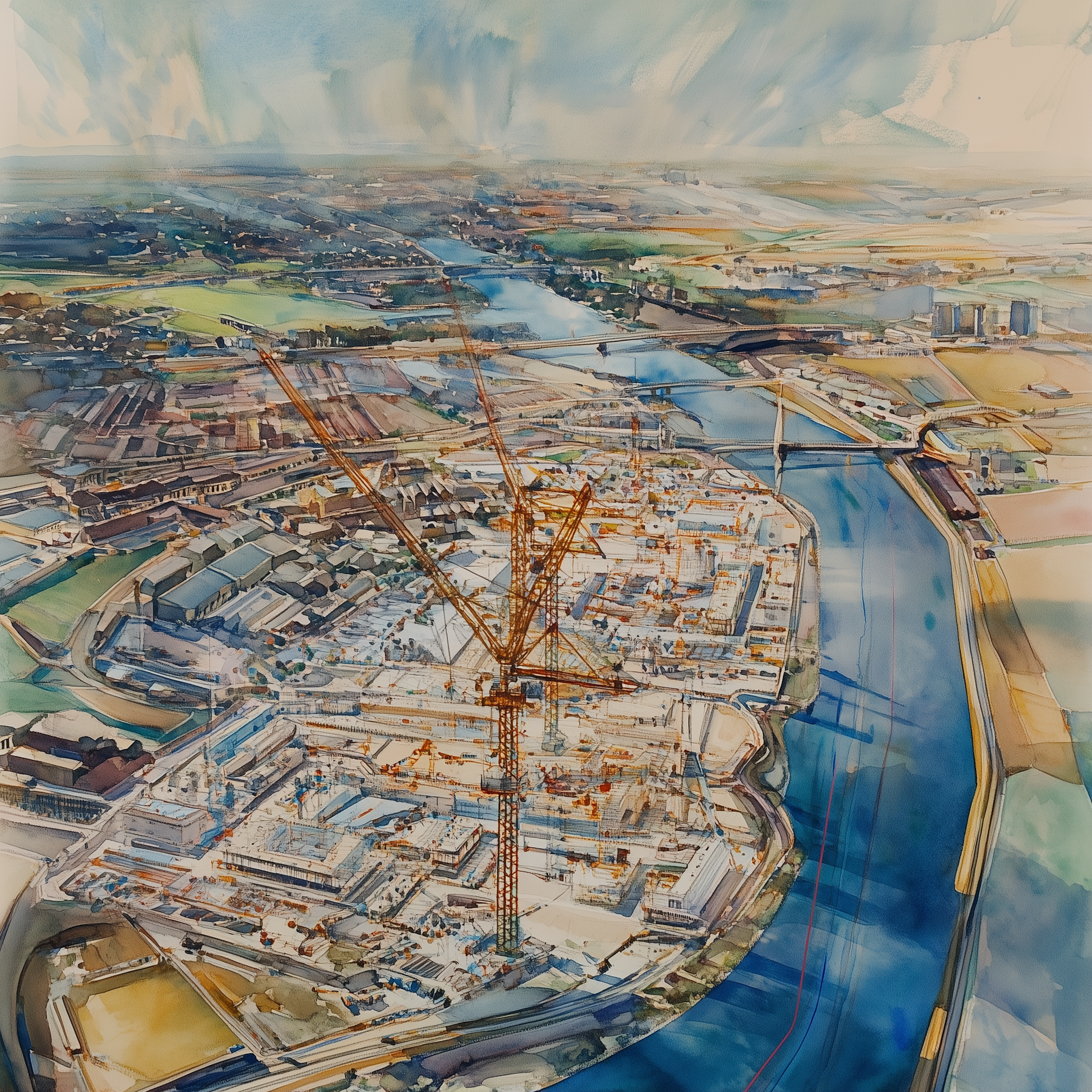 A futuristic vintage painting of an aerial view of an industrial site in the UK, cranes and housing, lots of excitement and movement